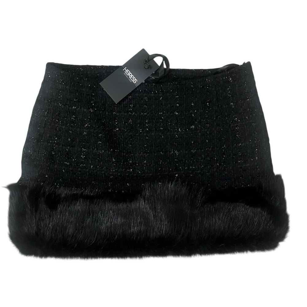 Heiress Beverly Hills Tweed Faux Fur Mini Skirt Black – Size S NWT